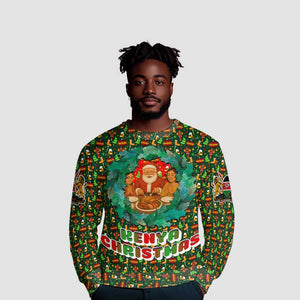 Kenya Christmas Ugly Christmas Sweater Santa Feast Scene and Festive Wreath Pattern - African Pride