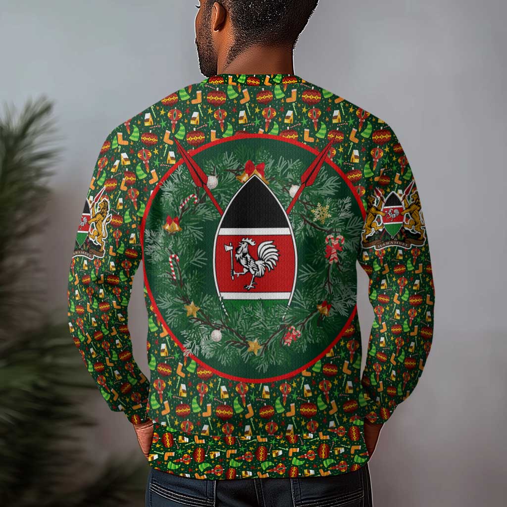 Kenya Christmas Ugly Christmas Sweater Santa Feast Scene and Festive Wreath Pattern - African Pride