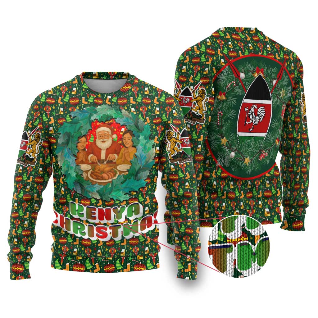 Kenya Christmas Ugly Christmas Sweater Santa Feast Scene and Festive Wreath Pattern - African Pride