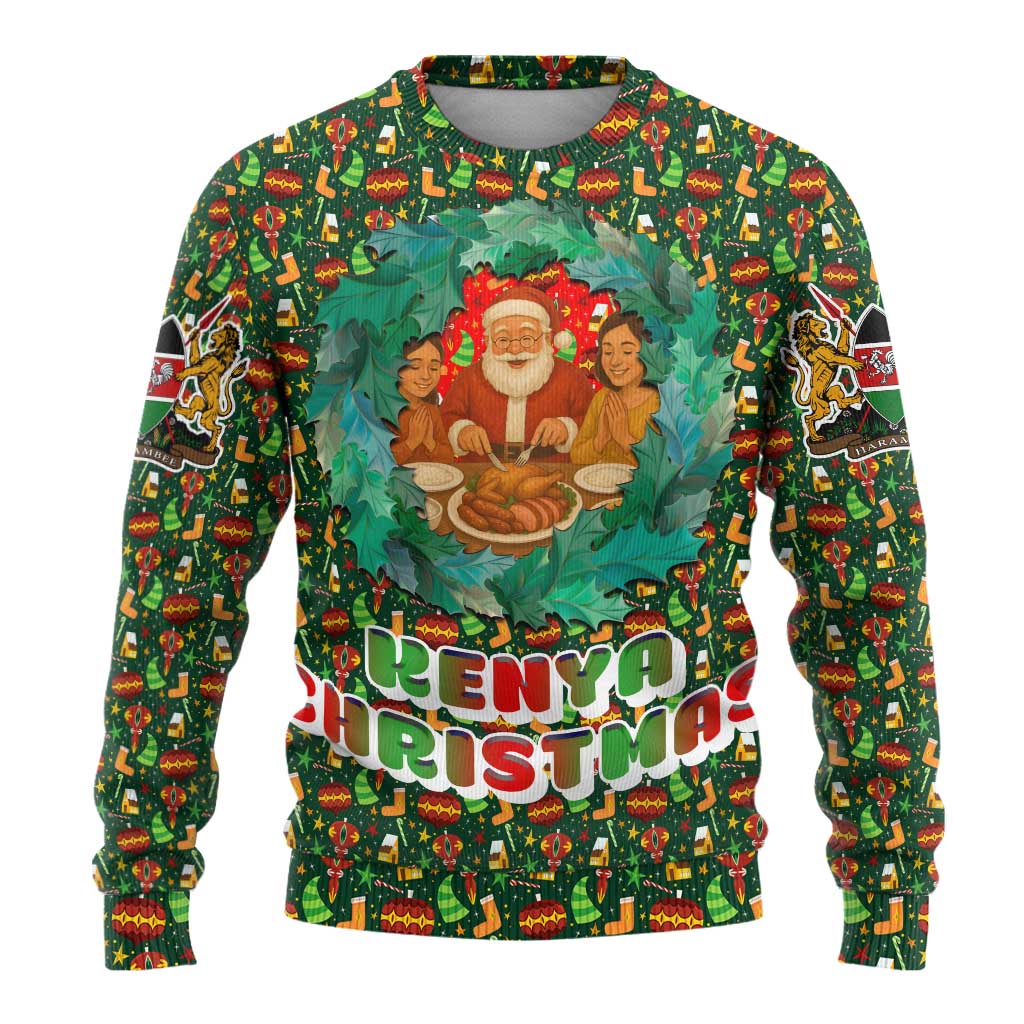 Kenya Christmas Ugly Christmas Sweater Santa Feast Scene and Festive Wreath Pattern - African Pride