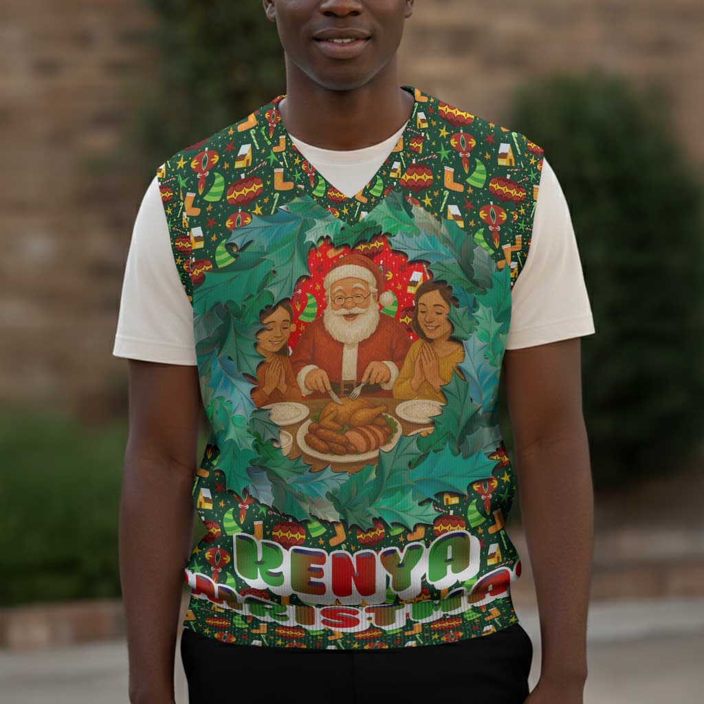 Kenya Christmas Knitted V-Neck Vest Santa Feast Scene and Festive Wreath Pattern - African Pride