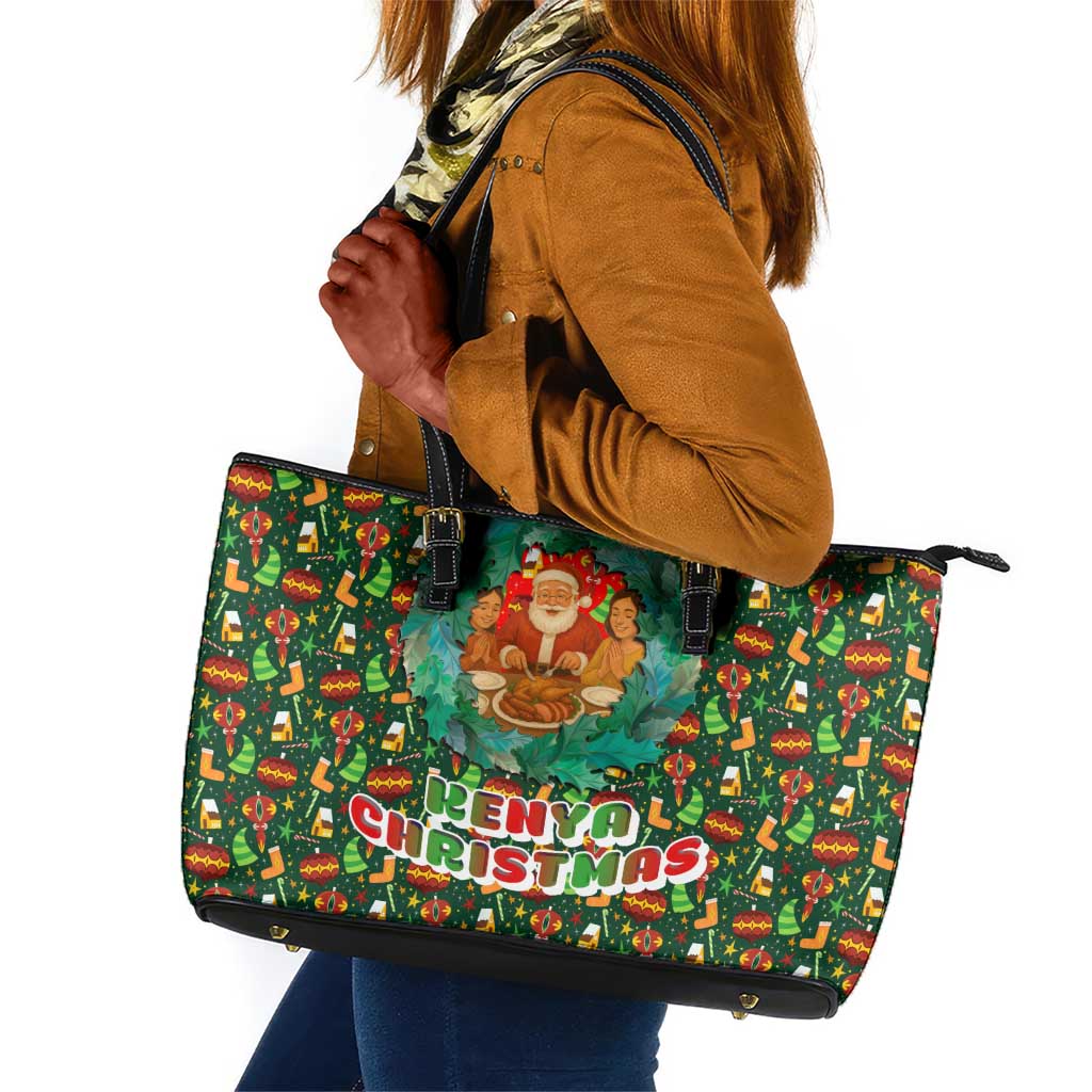 Kenya Christmas Leather Tote Bag Santa Feast Scene and Festive Wreath Pattern - African Pride