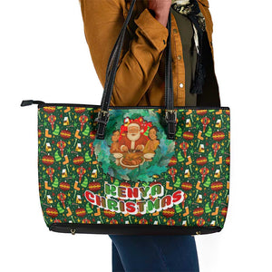 Kenya Christmas Leather Tote Bag Santa Feast Scene and Festive Wreath Pattern - African Pride