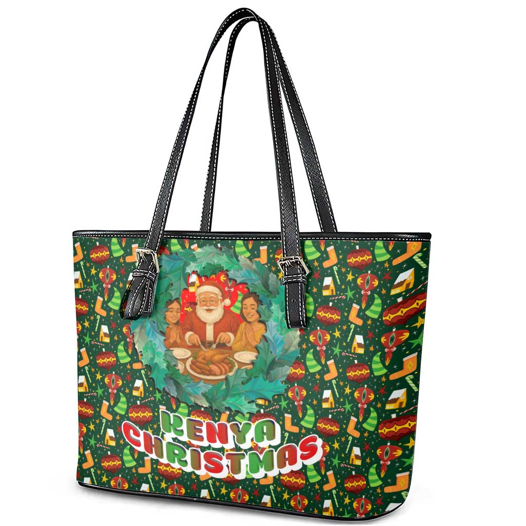 Kenya Christmas Leather Tote Bag Santa Feast Scene and Festive Wreath Pattern - African Pride
