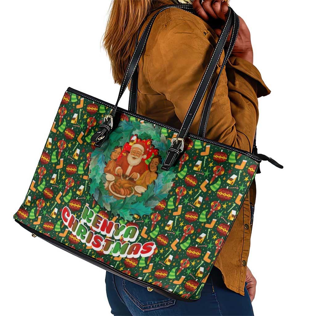 Kenya Christmas Leather Tote Bag Santa Feast Scene and Festive Wreath Pattern - African Pride