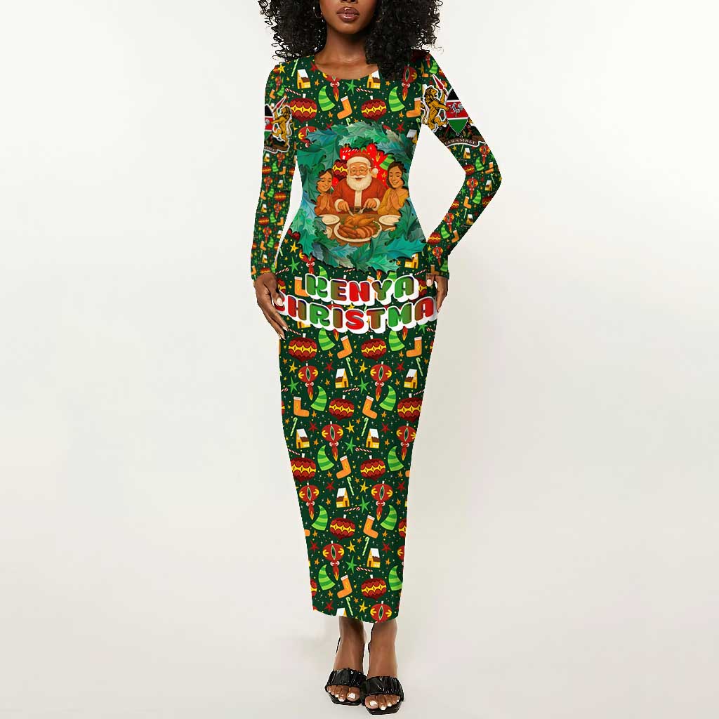 Kenya Christmas Long Sleeve Bodycon Dress Santa Feast Scene and Festive Wreath Pattern - African Pride