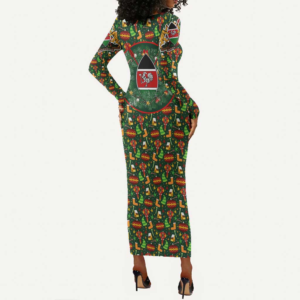 Kenya Christmas Long Sleeve Bodycon Dress Santa Feast Scene and Festive Wreath Pattern - African Pride