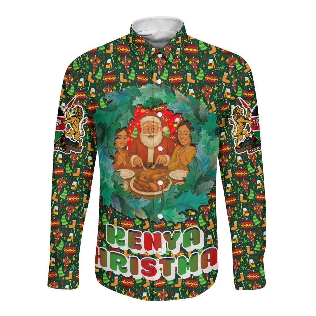 Kenya Christmas Long Sleeve Button Shirt Santa Feast Scene and Festive Wreath Pattern - African Pride