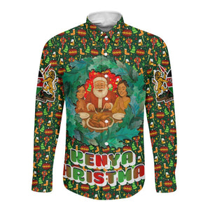 Kenya Christmas Long Sleeve Button Shirt Santa Feast Scene and Festive Wreath Pattern - African Pride
