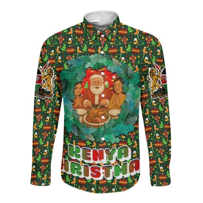 Kenya Christmas Long Sleeve Button Shirt Santa Feast Scene and Festive Wreath Pattern - African Pride