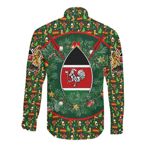 Kenya Christmas Long Sleeve Button Shirt Santa Feast Scene and Festive Wreath Pattern - African Pride