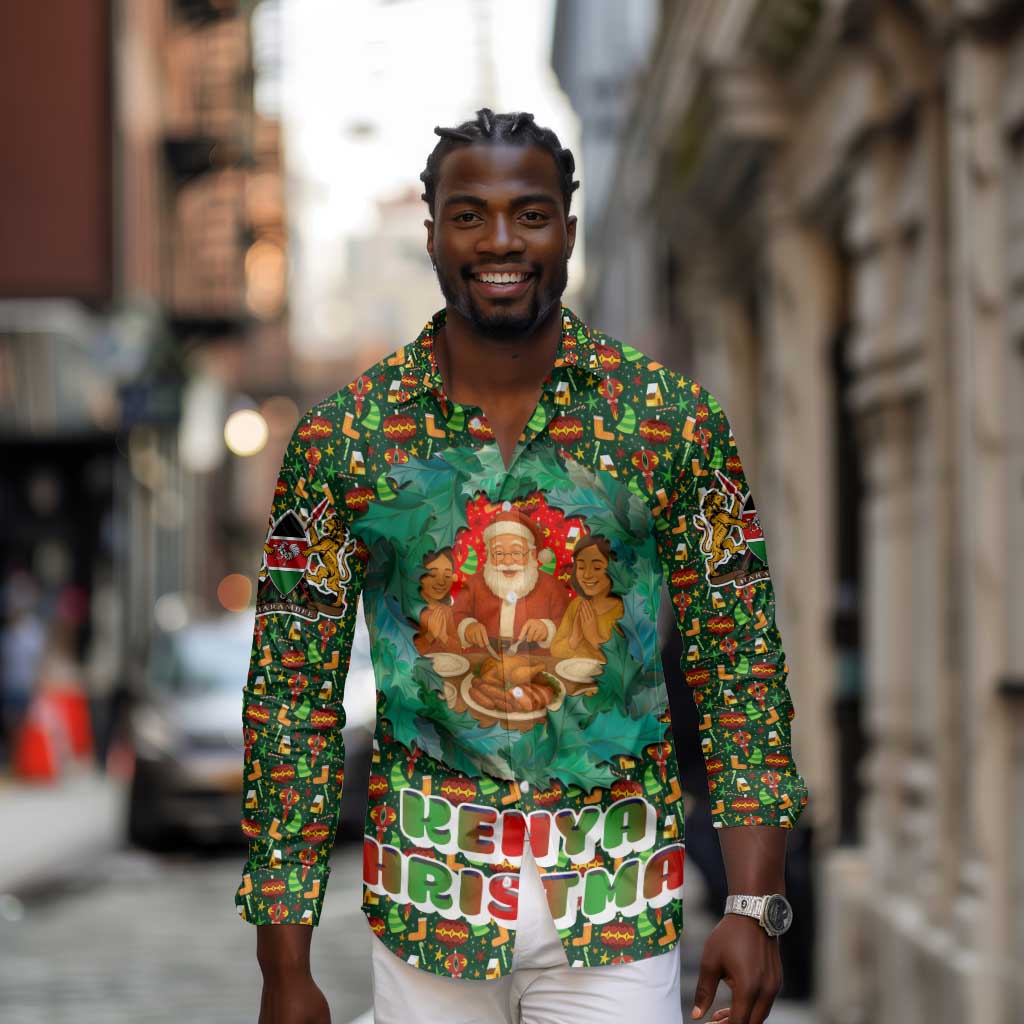 Kenya Christmas Long Sleeve Button Shirt Santa Feast Scene and Festive Wreath Pattern - African Pride