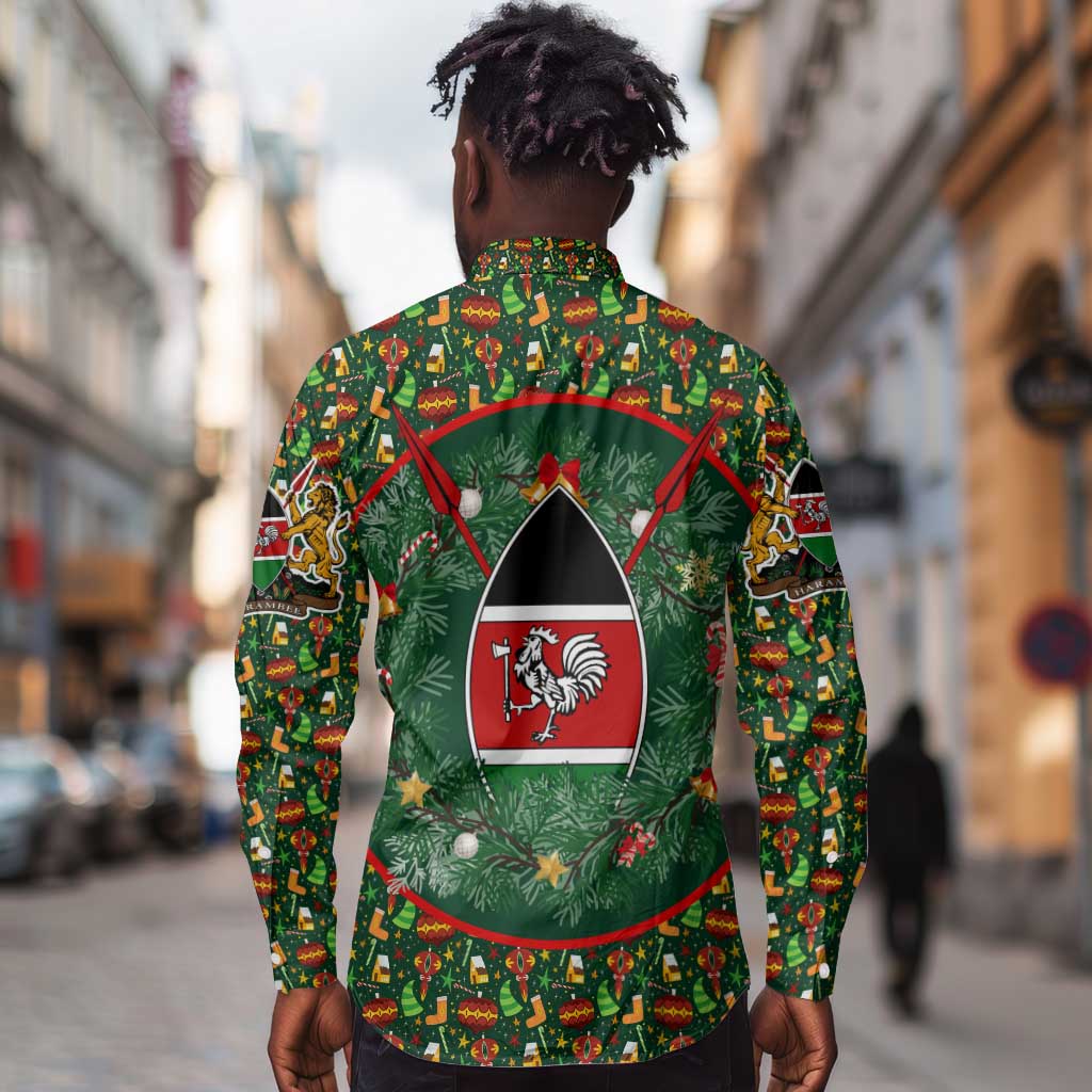 Kenya Christmas Long Sleeve Button Shirt Santa Feast Scene and Festive Wreath Pattern - African Pride