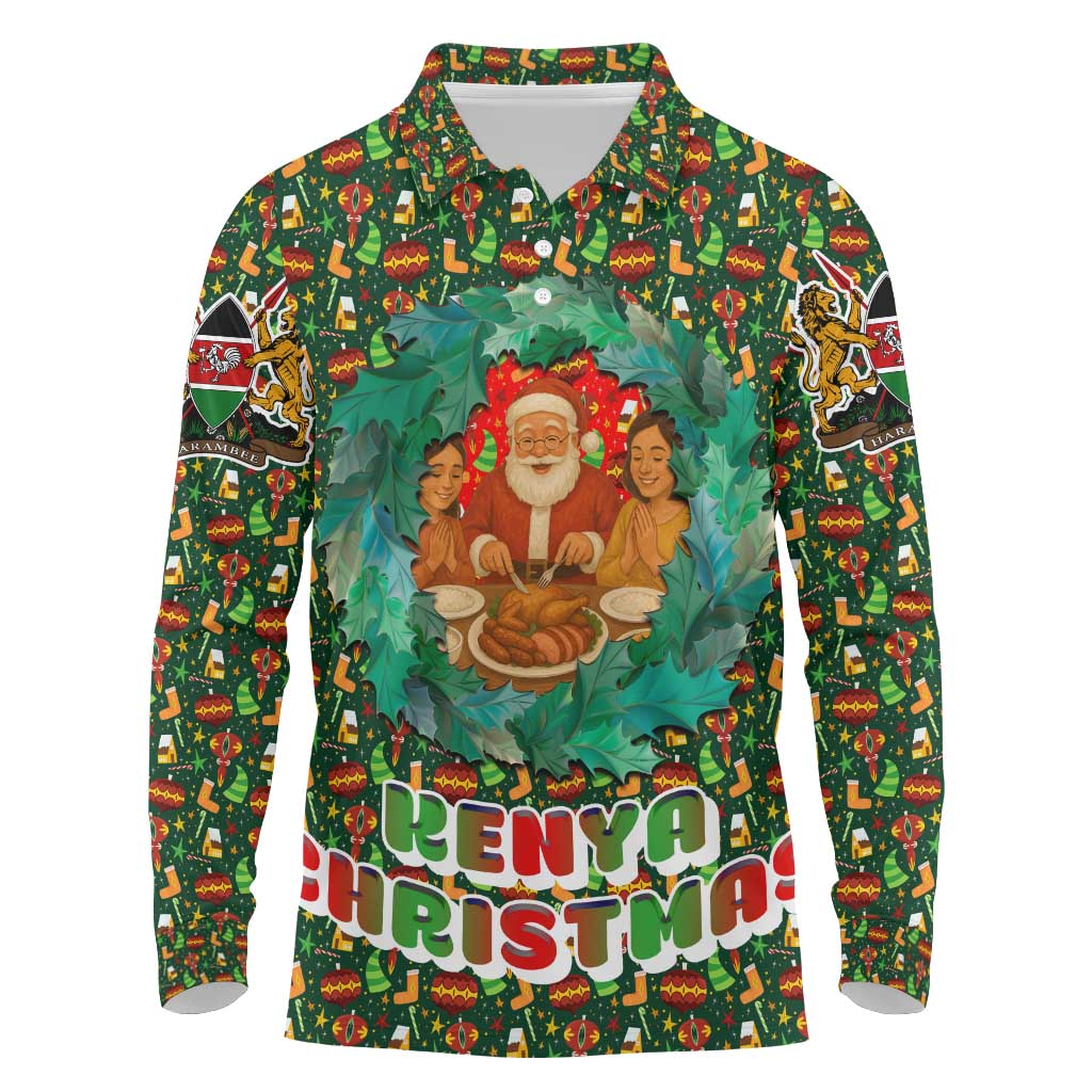 Kenya Christmas Long Sleeve Polo Shirt Santa Feast Scene and Festive Wreath Pattern - African Pride