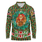 Kenya Christmas Long Sleeve Polo Shirt Santa Feast Scene and Festive Wreath Pattern - African Pride