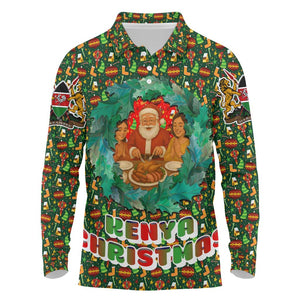 Kenya Christmas Long Sleeve Polo Shirt Santa Feast Scene and Festive Wreath Pattern - African Pride