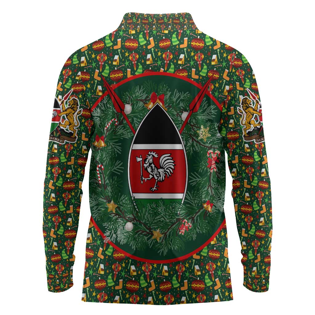 Kenya Christmas Long Sleeve Polo Shirt Santa Feast Scene and Festive Wreath Pattern - African Pride