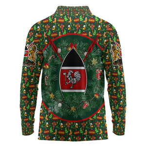 Kenya Christmas Long Sleeve Polo Shirt Santa Feast Scene and Festive Wreath Pattern - African Pride
