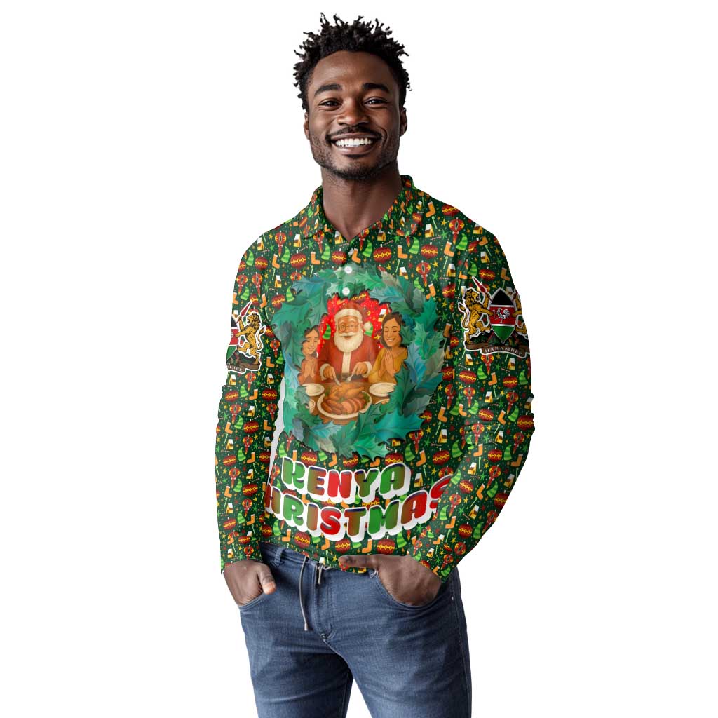 Kenya Christmas Long Sleeve Polo Shirt Santa Feast Scene and Festive Wreath Pattern - African Pride