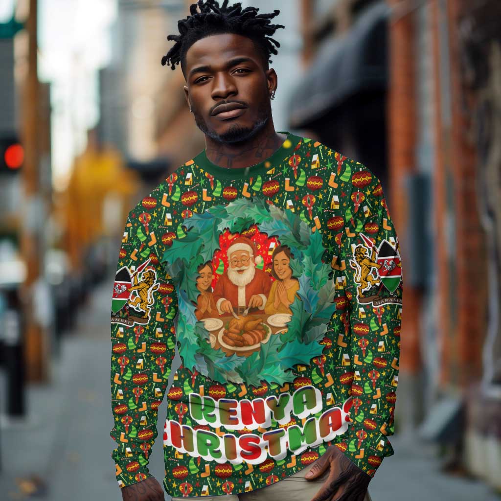 Kenya Christmas Long Sleeve Shirt Santa Feast Scene and Festive Wreath Pattern - African Pride