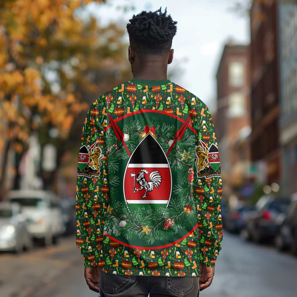 Kenya Christmas Long Sleeve Shirt Santa Feast Scene and Festive Wreath Pattern - African Pride