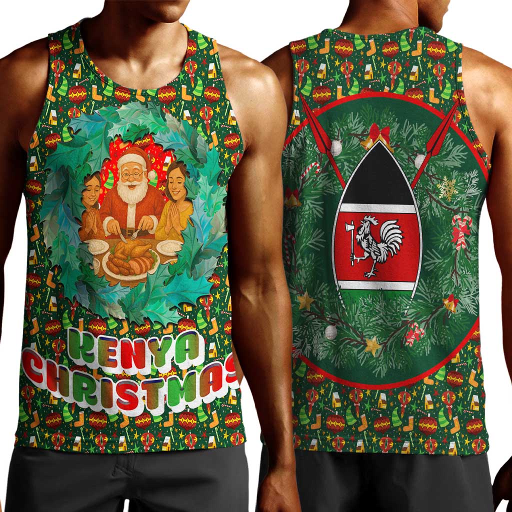 Kenya Christmas Men Tank Top Santa Feast Scene and Festive Wreath Pattern - African Pride