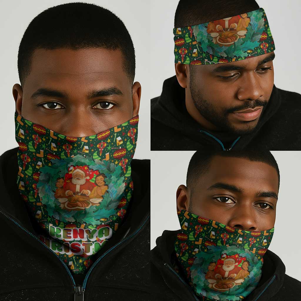 Kenya Christmas Neck Gaiter Santa Feast Scene and Festive Wreath Pattern - African Pride