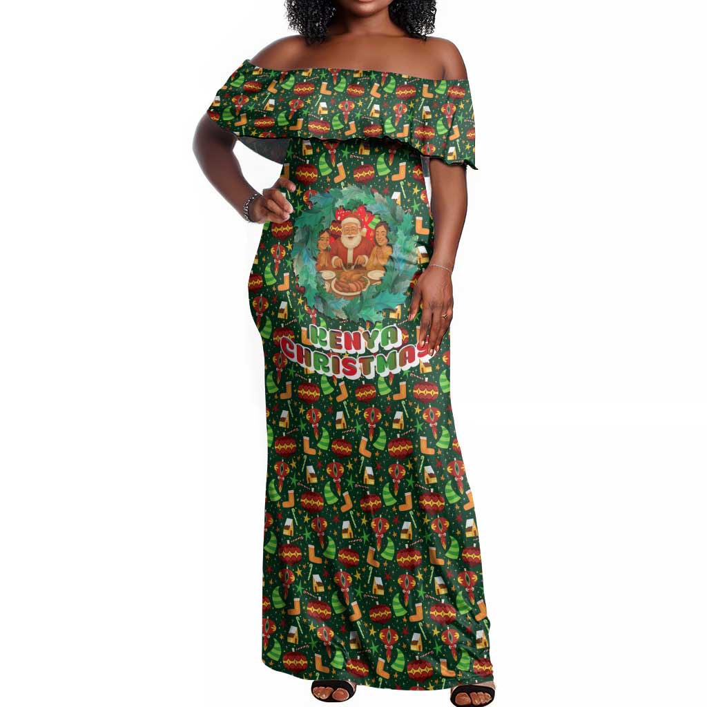 Kenya Christmas Off Shoulder Maxi Dress Santa Feast Scene and Festive Wreath Pattern - African Pride