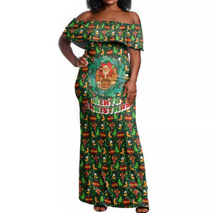 Kenya Christmas Off Shoulder Maxi Dress Santa Feast Scene and Festive Wreath Pattern - African Pride