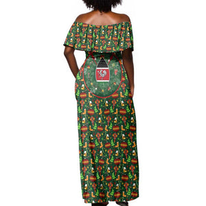 Kenya Christmas Off Shoulder Maxi Dress Santa Feast Scene and Festive Wreath Pattern - African Pride