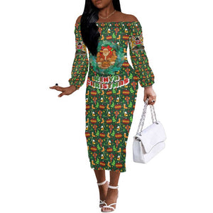 Kenya Christmas Off The Shoulder Long Sleeve Dress Santa Feast Scene and Festive Wreath Pattern - African Pride