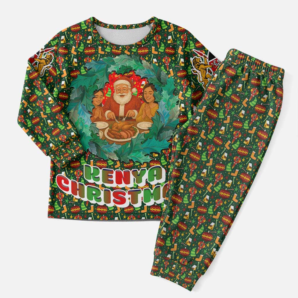Kenya Christmas Pajama Set Santa Feast Scene and Festive Wreath Pattern - African Pride