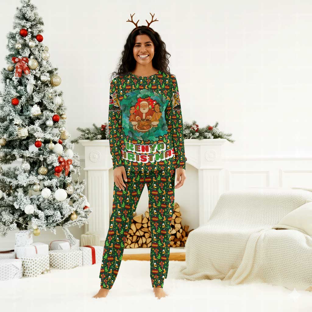 Kenya Christmas Pajama Set Santa Feast Scene and Festive Wreath Pattern - African Pride
