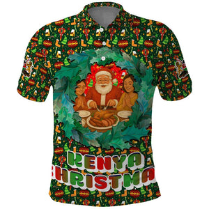 Kenya Christmas Polo Shirt Santa Feast Scene and Festive Wreath Pattern - African Pride