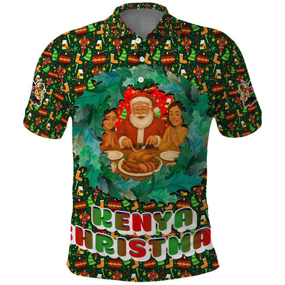Kenya Christmas Polo Shirt Santa Feast Scene and Festive Wreath Pattern - African Pride
