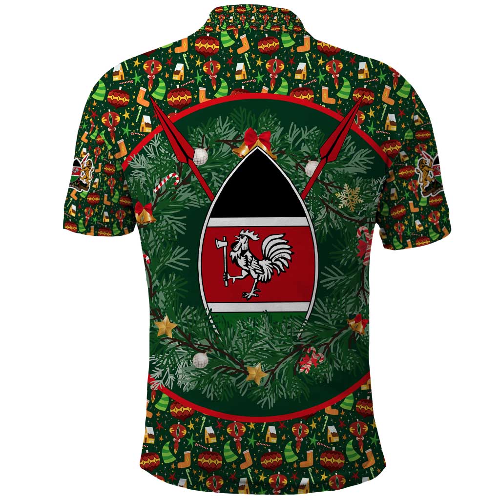 Kenya Christmas Polo Shirt Santa Feast Scene and Festive Wreath Pattern - African Pride