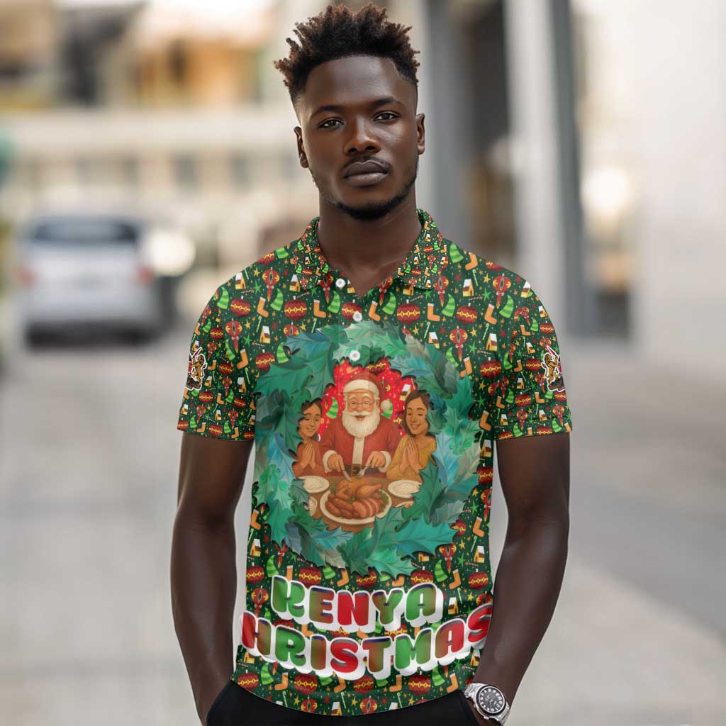 Kenya Christmas Polo Shirt Santa Feast Scene and Festive Wreath Pattern - African Pride