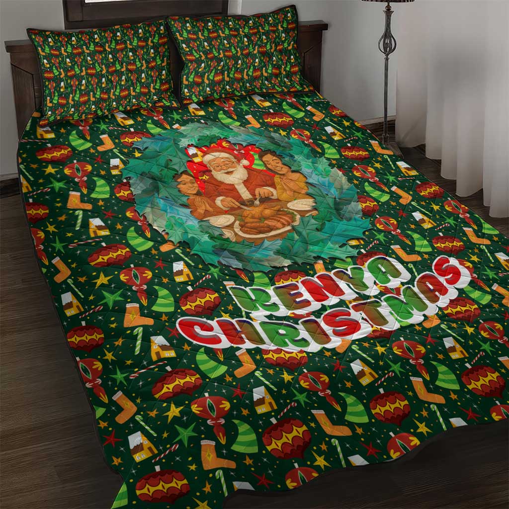 Kenya Christmas Quilt Bed Set Santa Feast Scene and Festive Wreath Pattern - African Pride