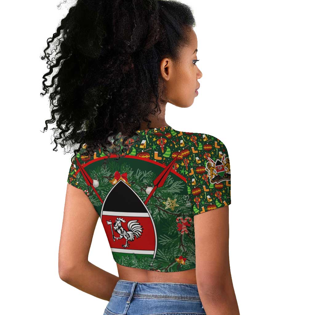 Kenya Christmas Raglan Cropped T shirt Santa Feast Scene and Festive Wreath Pattern - African Pride