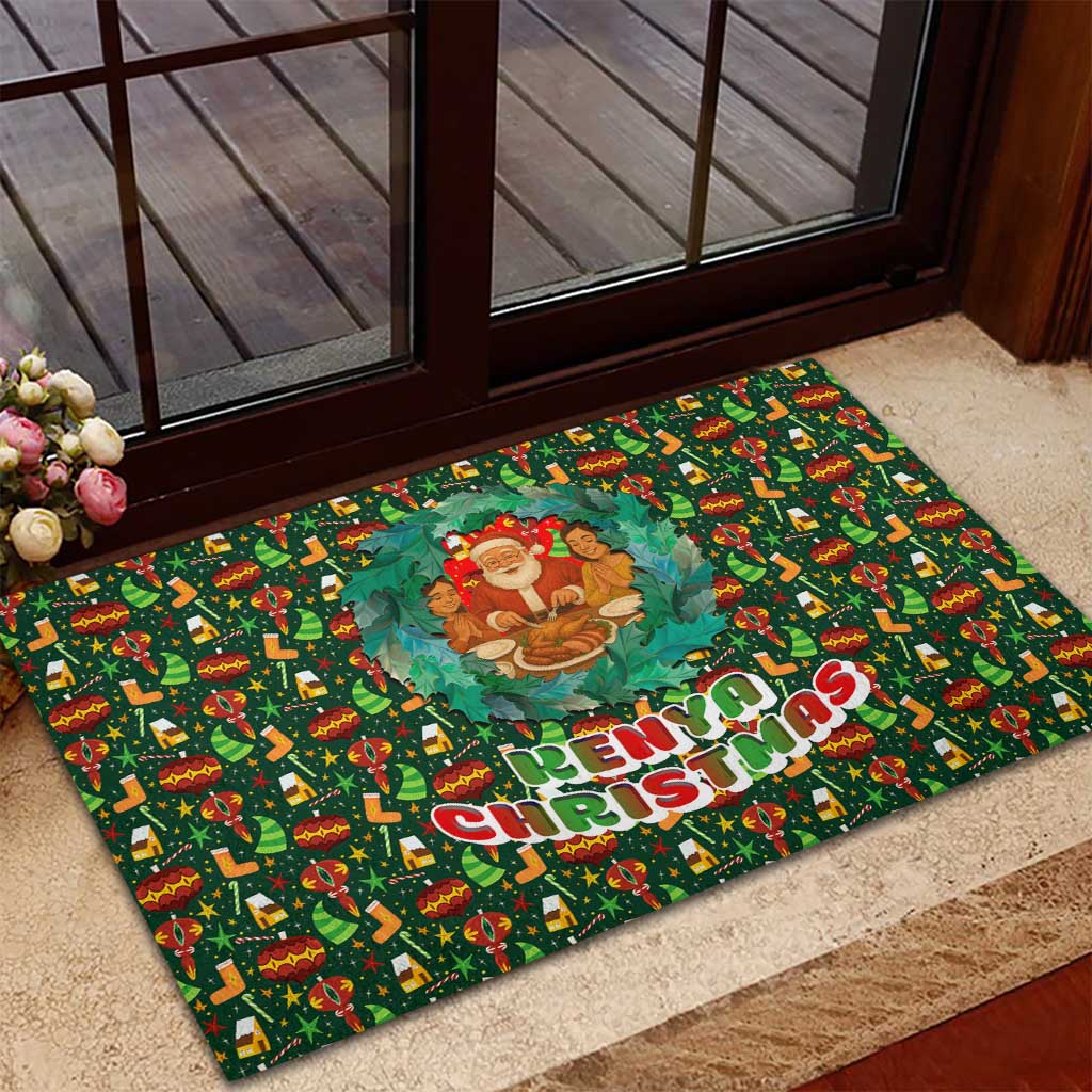 Kenya Christmas Rubber Doormat Santa Feast Scene and Festive Wreath Pattern - African Pride