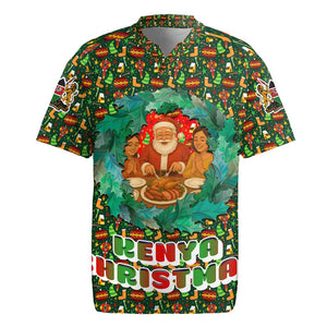 Kenya Christmas Rugby Jersey Santa Feast Scene and Festive Wreath Pattern - African Pride