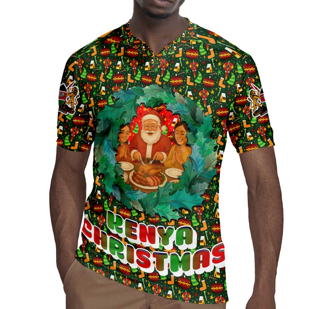 Kenya Christmas Rugby Jersey Santa Feast Scene and Festive Wreath Pattern - African Pride