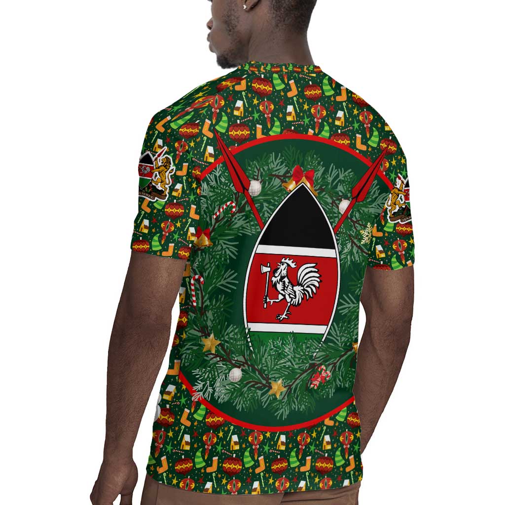 Kenya Christmas Rugby Jersey Santa Feast Scene and Festive Wreath Pattern - African Pride