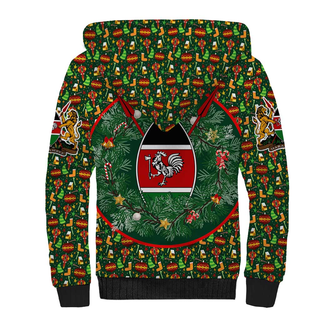 Kenya Christmas Sherpa Hoodie Santa Feast Scene and Festive Wreath Pattern - African Pride