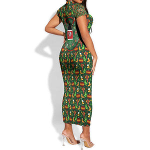 Kenya Christmas Short Sleeve Bodycon Dress Santa Feast Scene and Festive Wreath Pattern - African Pride