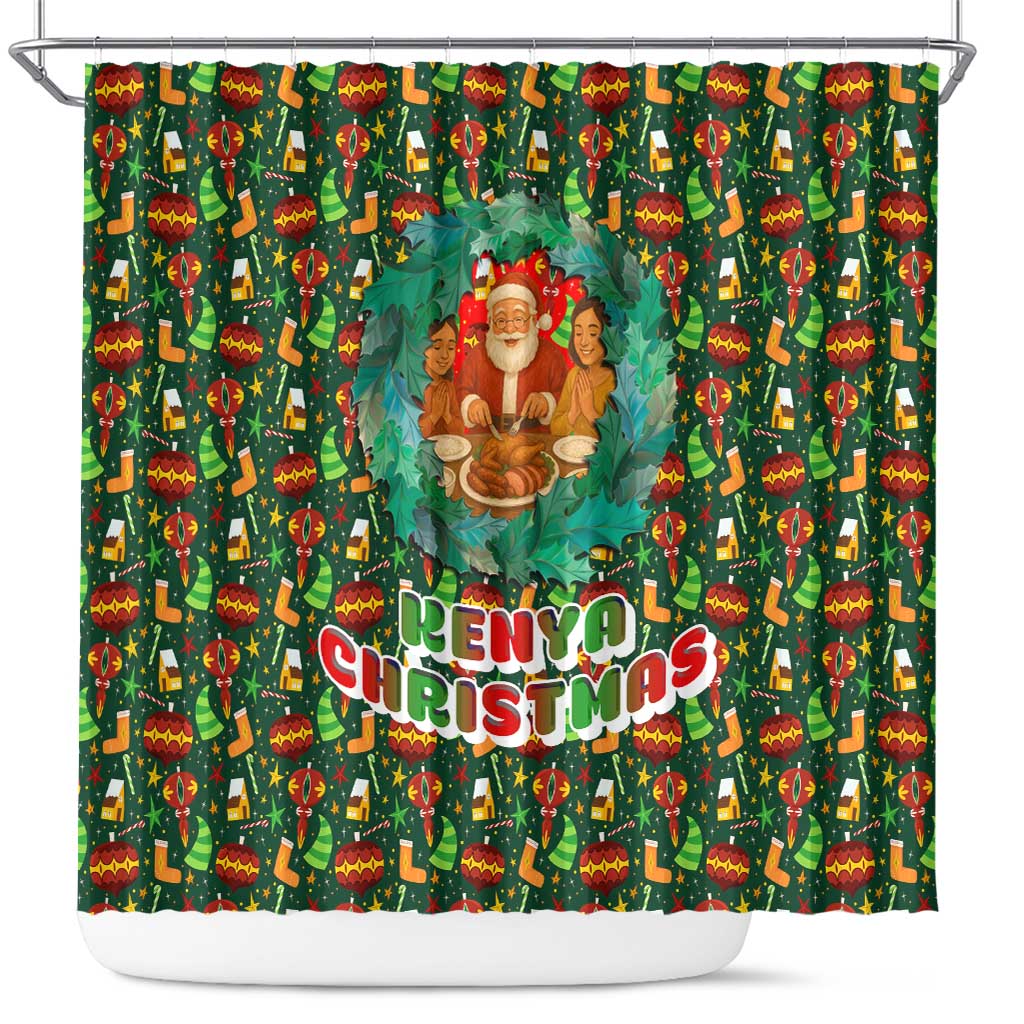 Kenya Christmas Shower Curtain Santa Feast Scene and Festive Wreath Pattern - African Pride