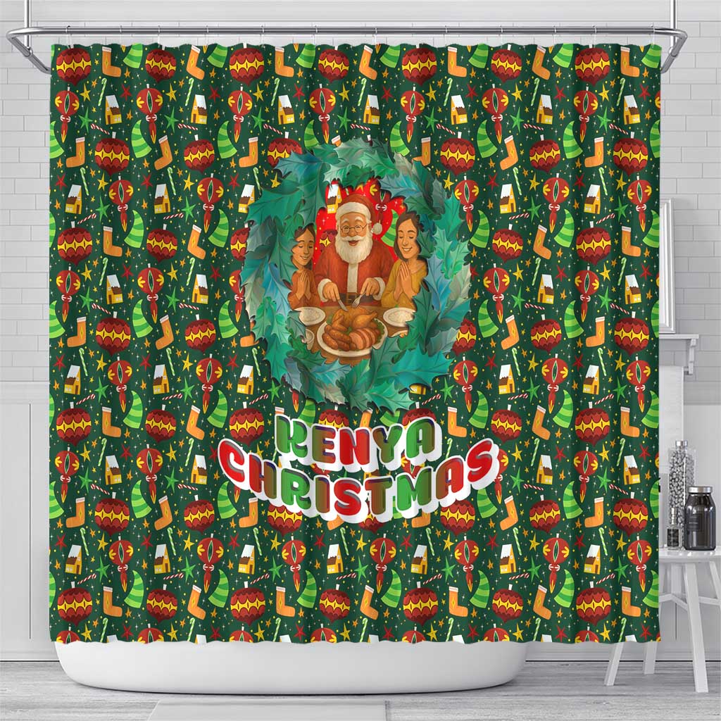 Kenya Christmas Shower Curtain Santa Feast Scene and Festive Wreath Pattern - African Pride
