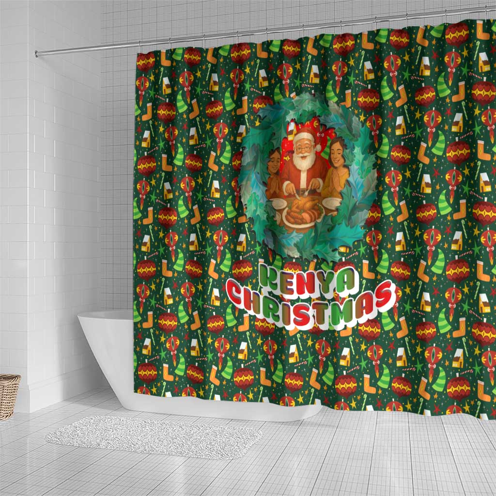 Kenya Christmas Shower Curtain Santa Feast Scene and Festive Wreath Pattern - African Pride