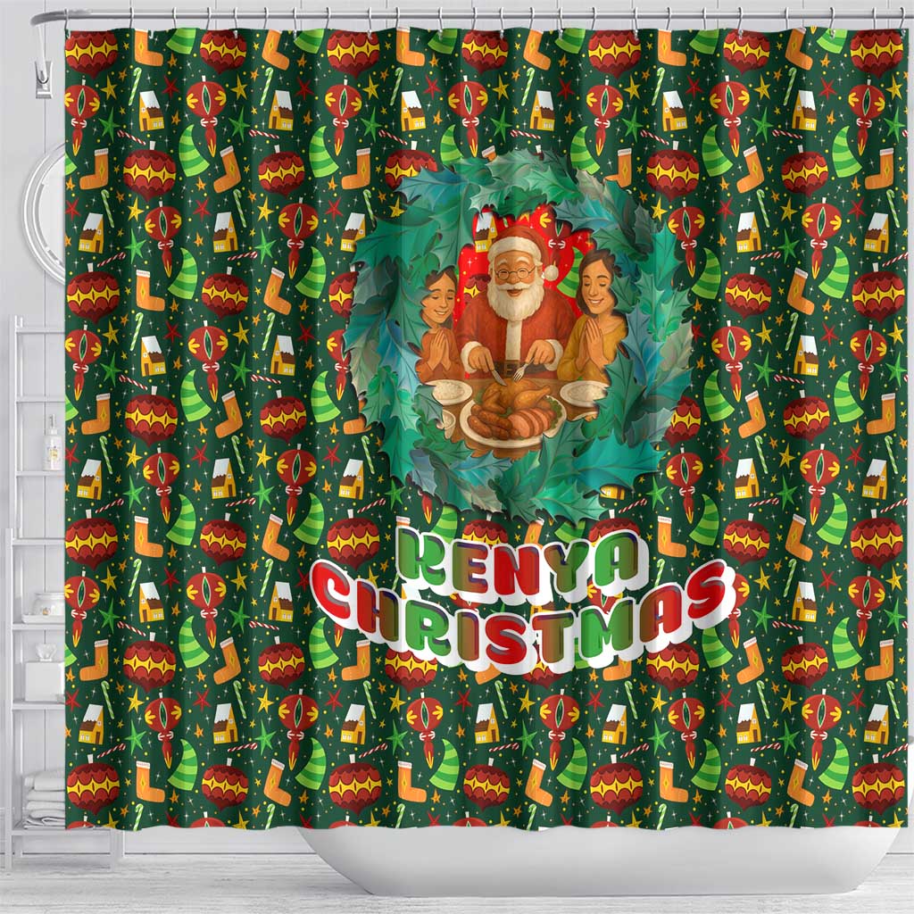 Kenya Christmas Shower Curtain Santa Feast Scene and Festive Wreath Pattern - African Pride