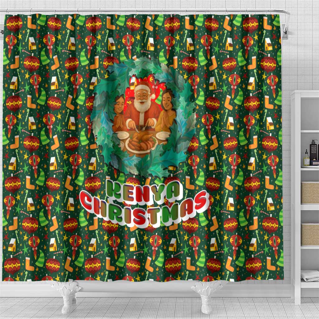 Kenya Christmas Shower Curtain Santa Feast Scene and Festive Wreath Pattern - African Pride